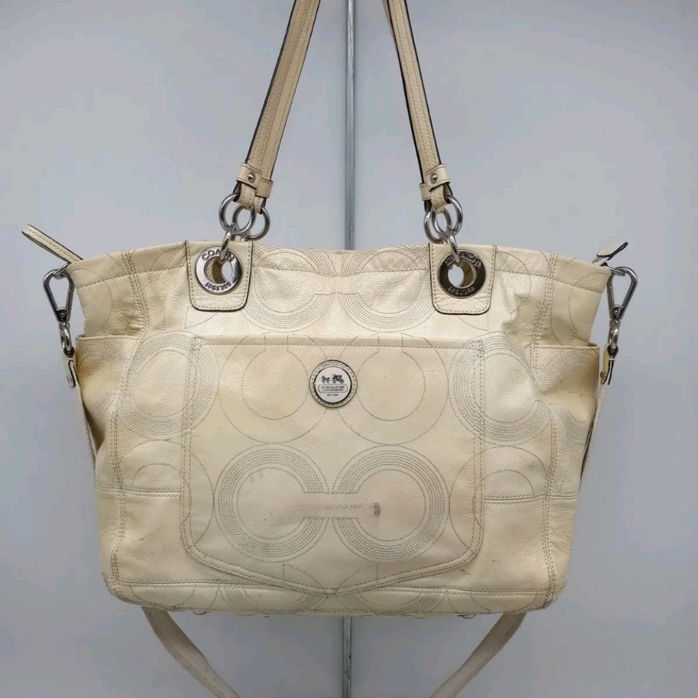 Coach Signature Pale Yellow Stitched Patent Leather Large Tote/Diaper Bag
